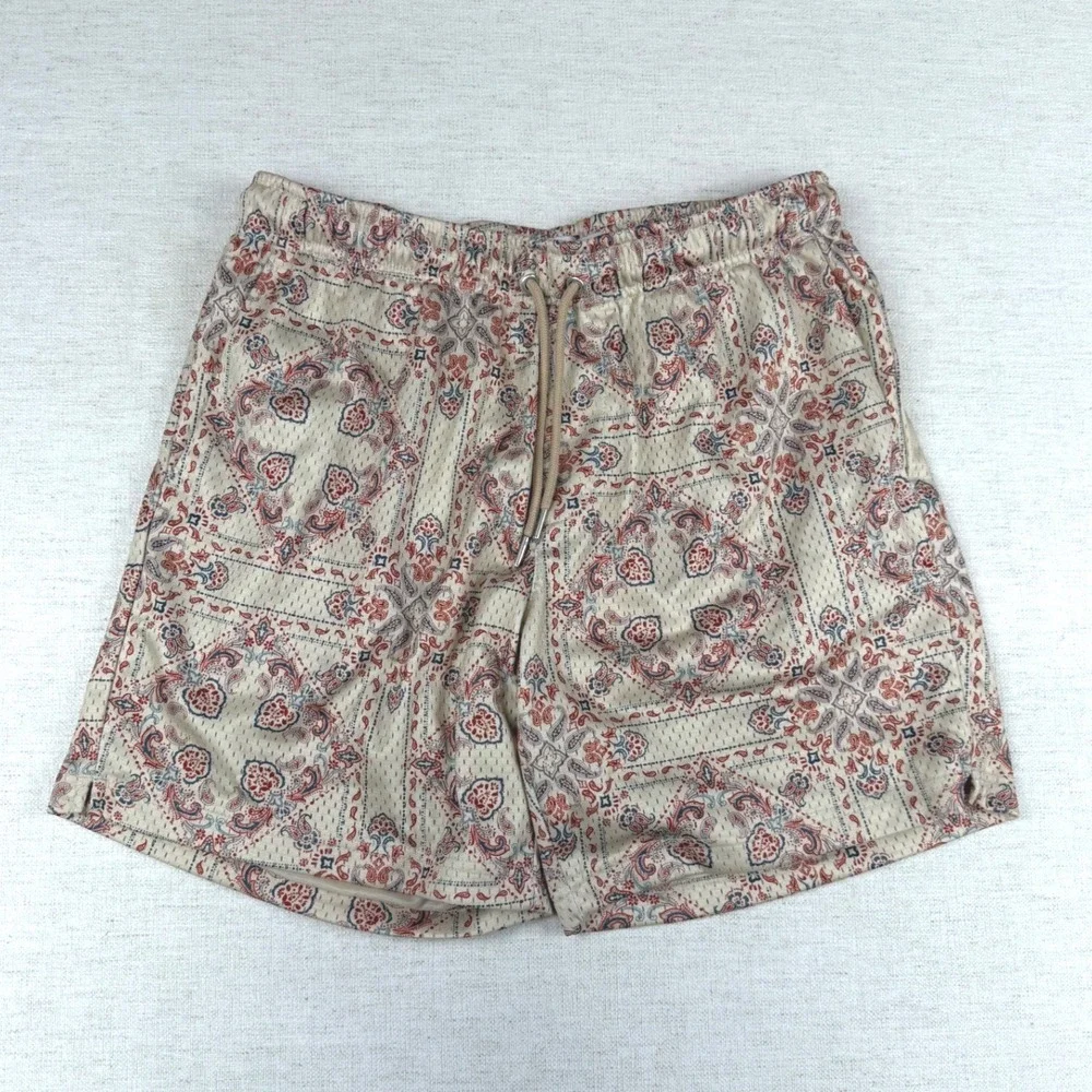 PacSun Mens Volley Mesh Shorts Small Cream Red Paisley Bandana Print Relaxed Fit
